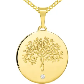 14k Solid Yellow Gold Hand Engraved Tree of Life CZ Round Medallion Pendant with Cuban Chain Necklace