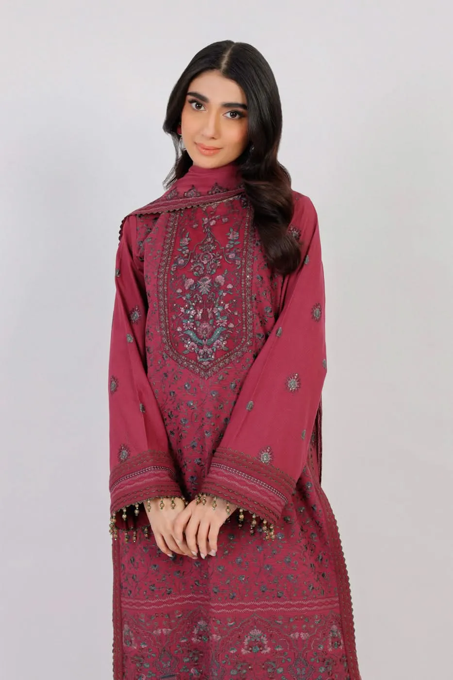 3 Pc Embroidered Khaddar Suit With Chiffon Dupatta