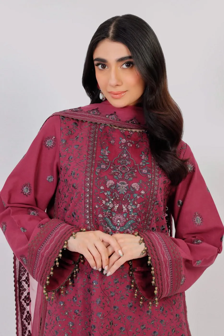 3 Pc Embroidered Khaddar Suit With Chiffon Dupatta