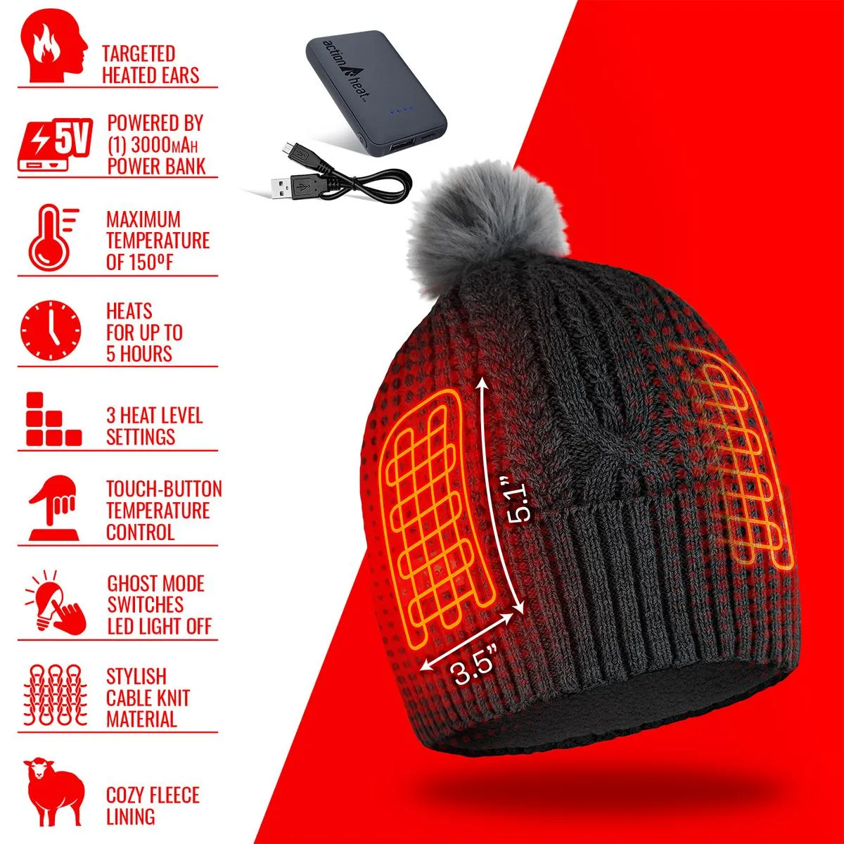 ActionHeat 5V Battery Heated Cable Knit Hat