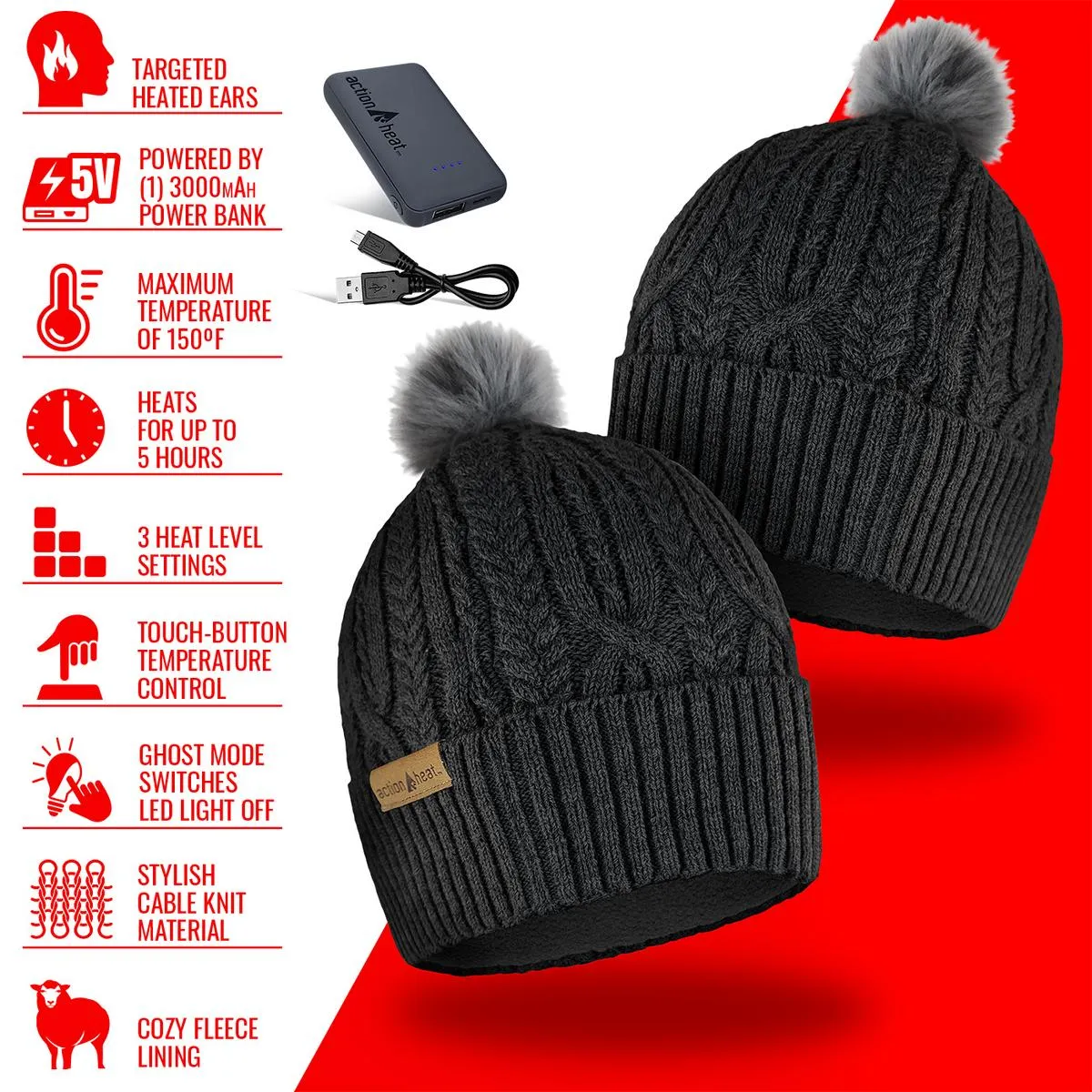 ActionHeat 5V Battery Heated Cable Knit Hat