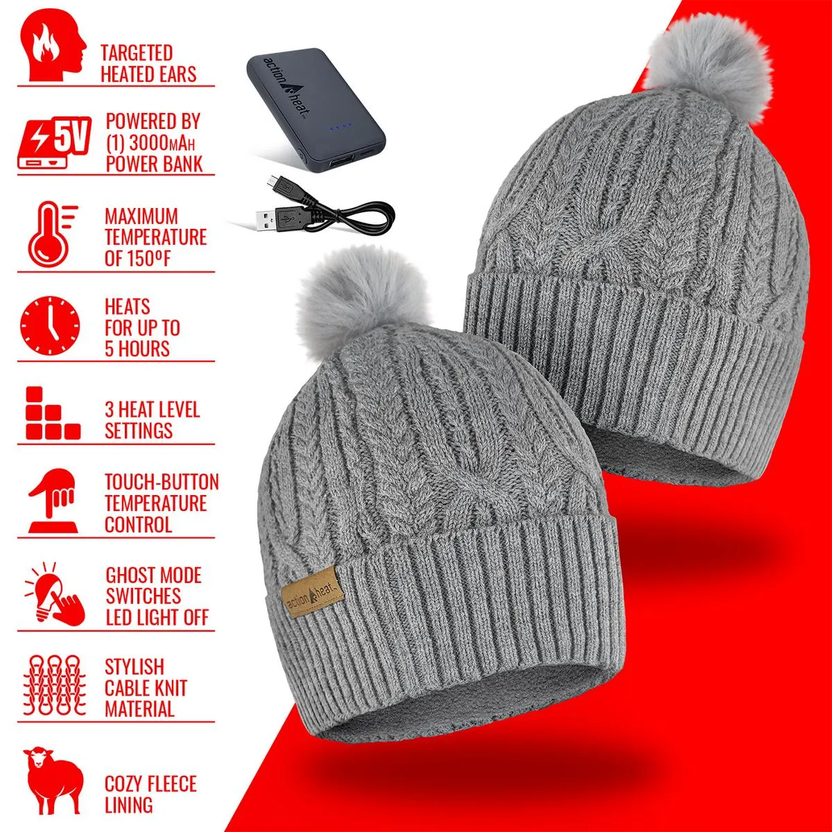 ActionHeat 5V Battery Heated Cable Knit Hat