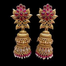 Antique Gold Kemp Polki Double Row Jhumka Earring