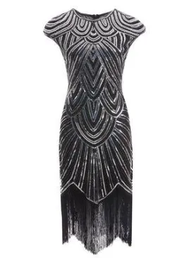 Black and Silver Beaded Cap Sleeve Great Gatsby Dress