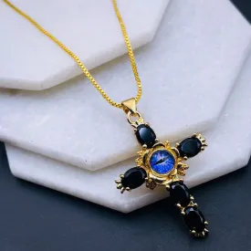 Black Sapphire Blue Evil Eye Cross Jesus Cubic Zirconia 18K Gold Copper Pendant Chain