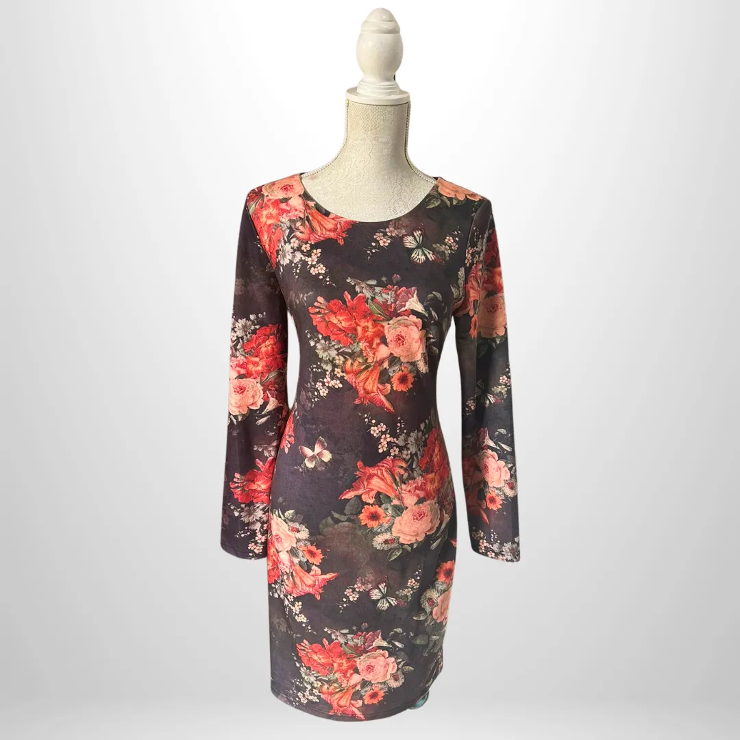 Brown Floral Long Sleeve Shift Dress