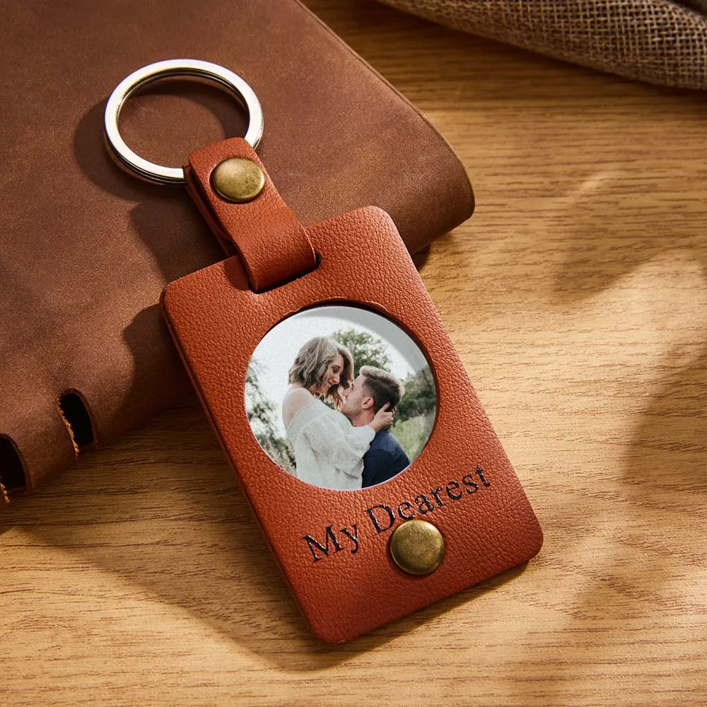 Custom Photo Engraved Keychains Simple Leather Couple Gifts