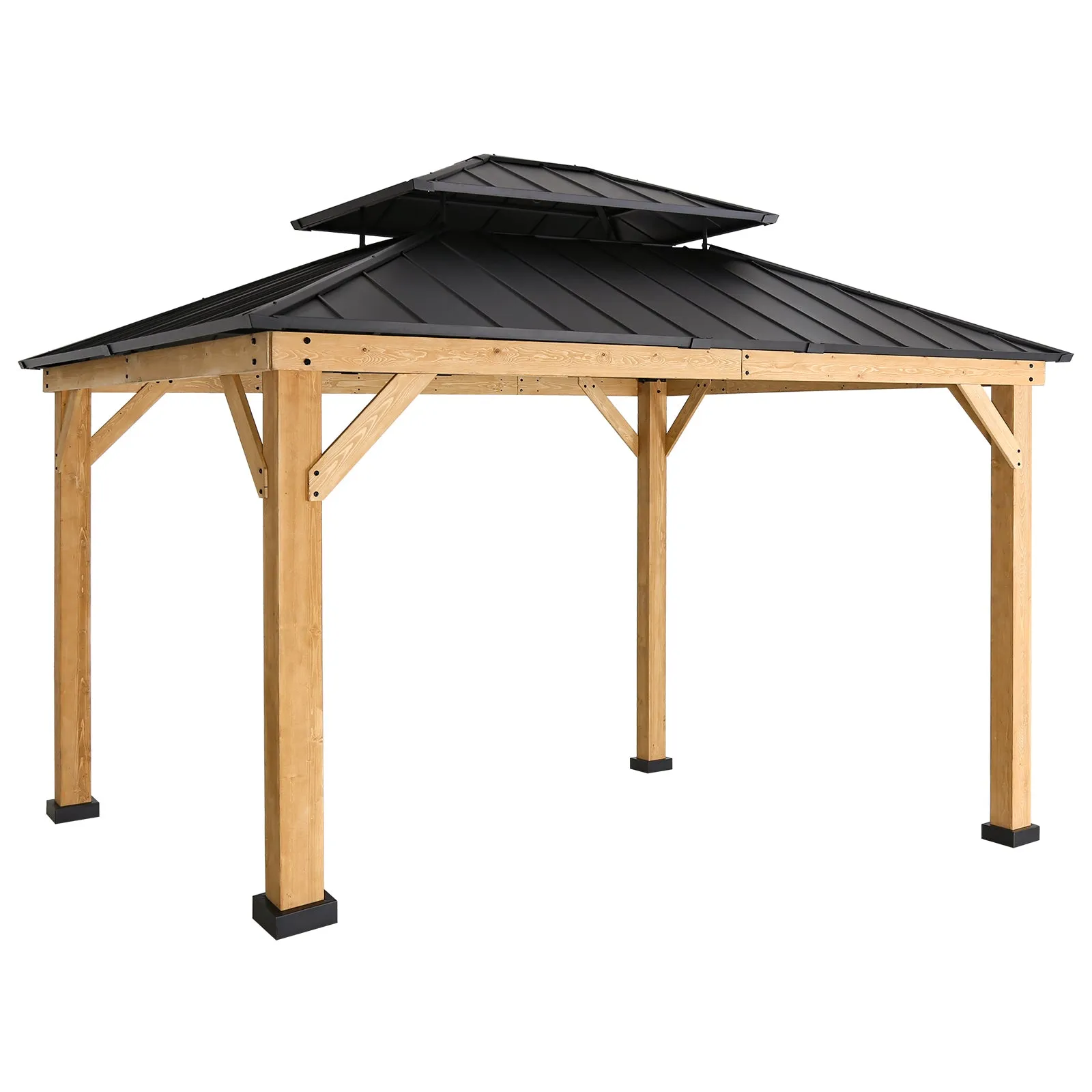 EAGLE PEAK 13x11 Outdoor Cedar Framed Hardtop Gazebo, Galvanized Steel Double Roof Gazebo Canopy for Garden, Patio, Lawn and Party, Black