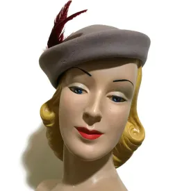 Felted Wool Grey Hat with Vivid Wine Colored Feathers circa 1940s