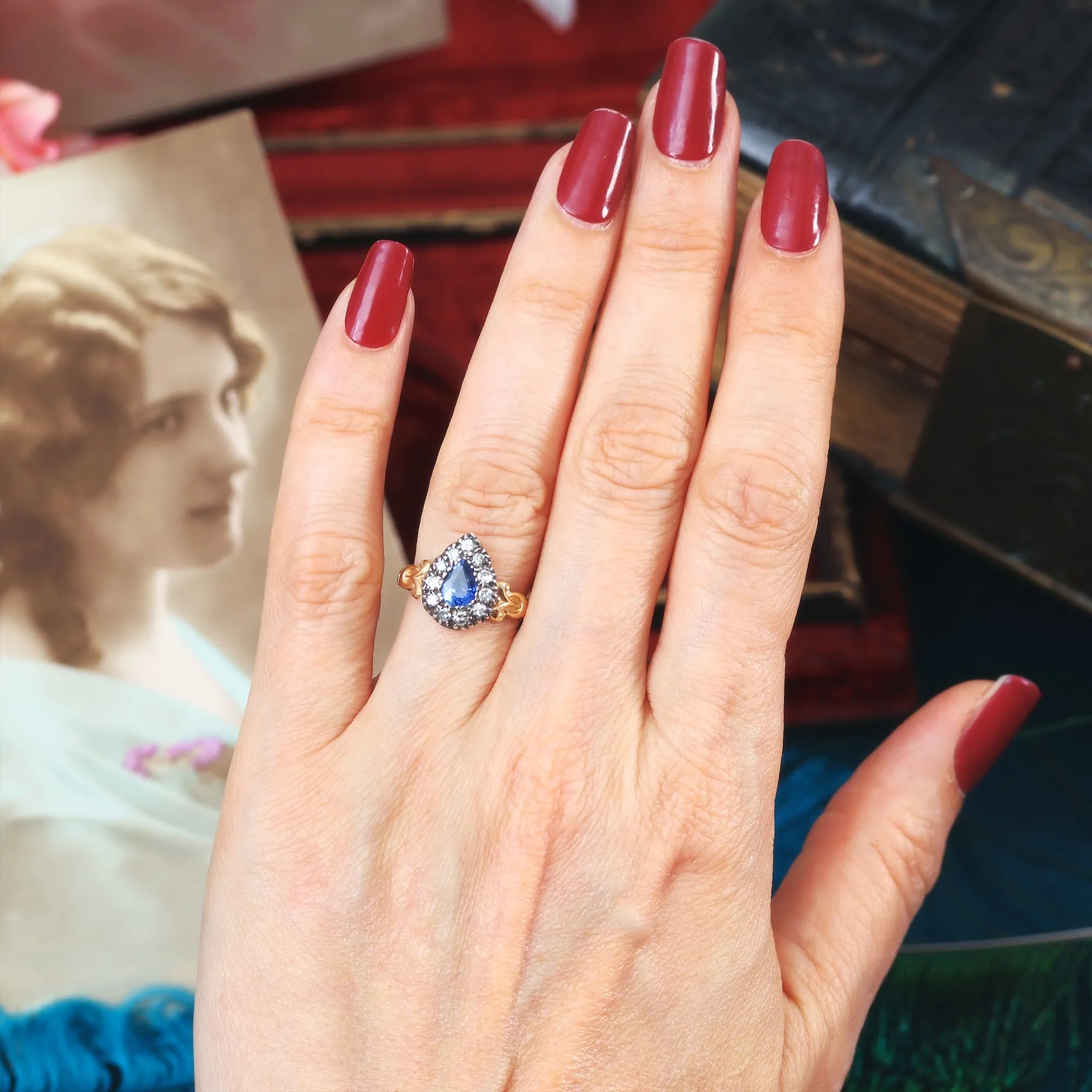 Georgian Styled Pear cut Sapphire & Diamond Ring