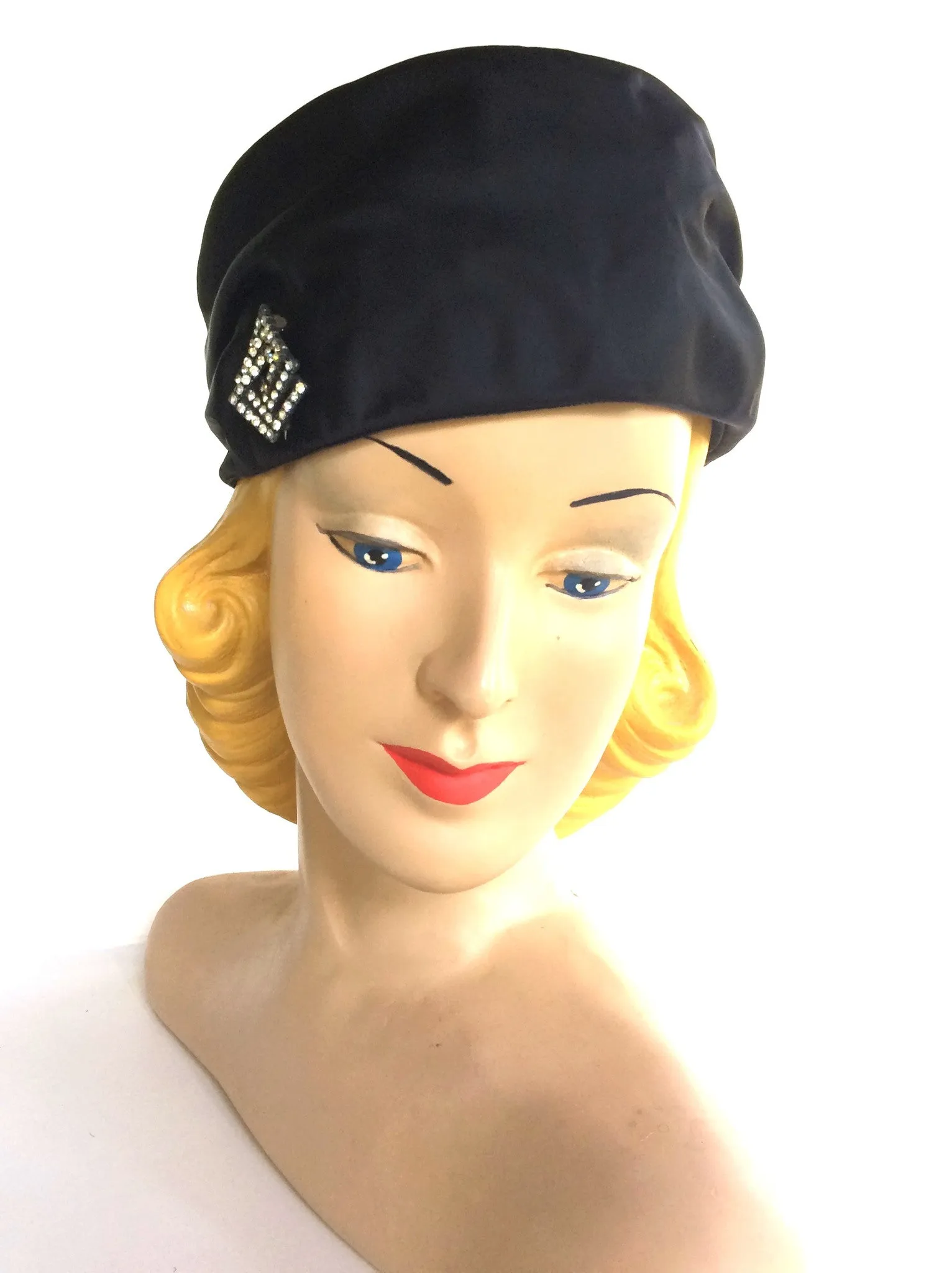 Glam Black Satin Turban Style Hat w/ Rhinestones circa 1960s