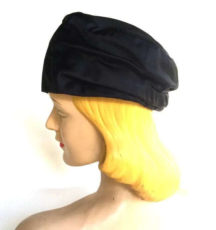 Glam Black Satin Turban Style Hat w/ Rhinestones circa 1960s