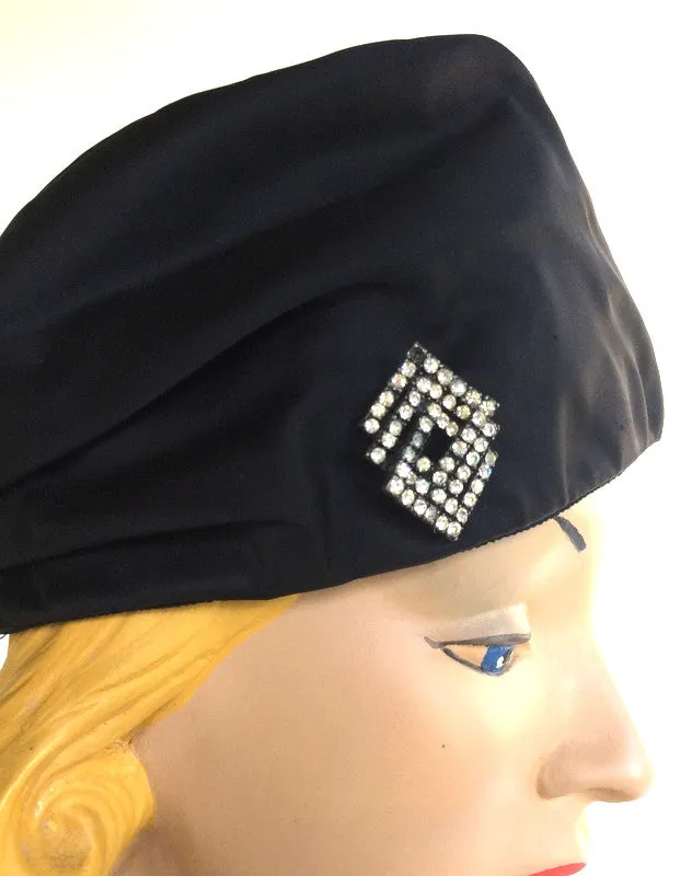 Glam Black Satin Turban Style Hat w/ Rhinestones circa 1960s