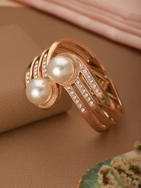 Gold-Plated Cz Studded White Pearls Cuff Bracelet