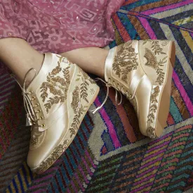 Gold Satin Embroidered Bridal Sneaker Wedges - Customized Wedding Shoes | Tiesta