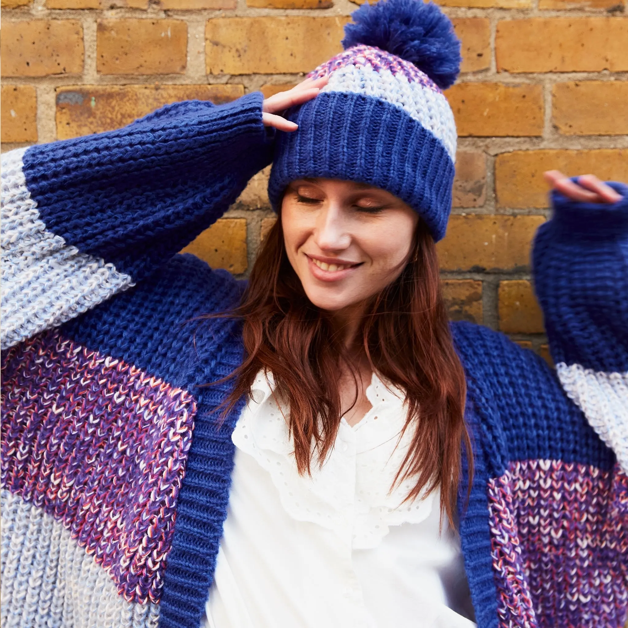 Phoebe Stripe Beanie Bobble Hat - Cobalt Blue