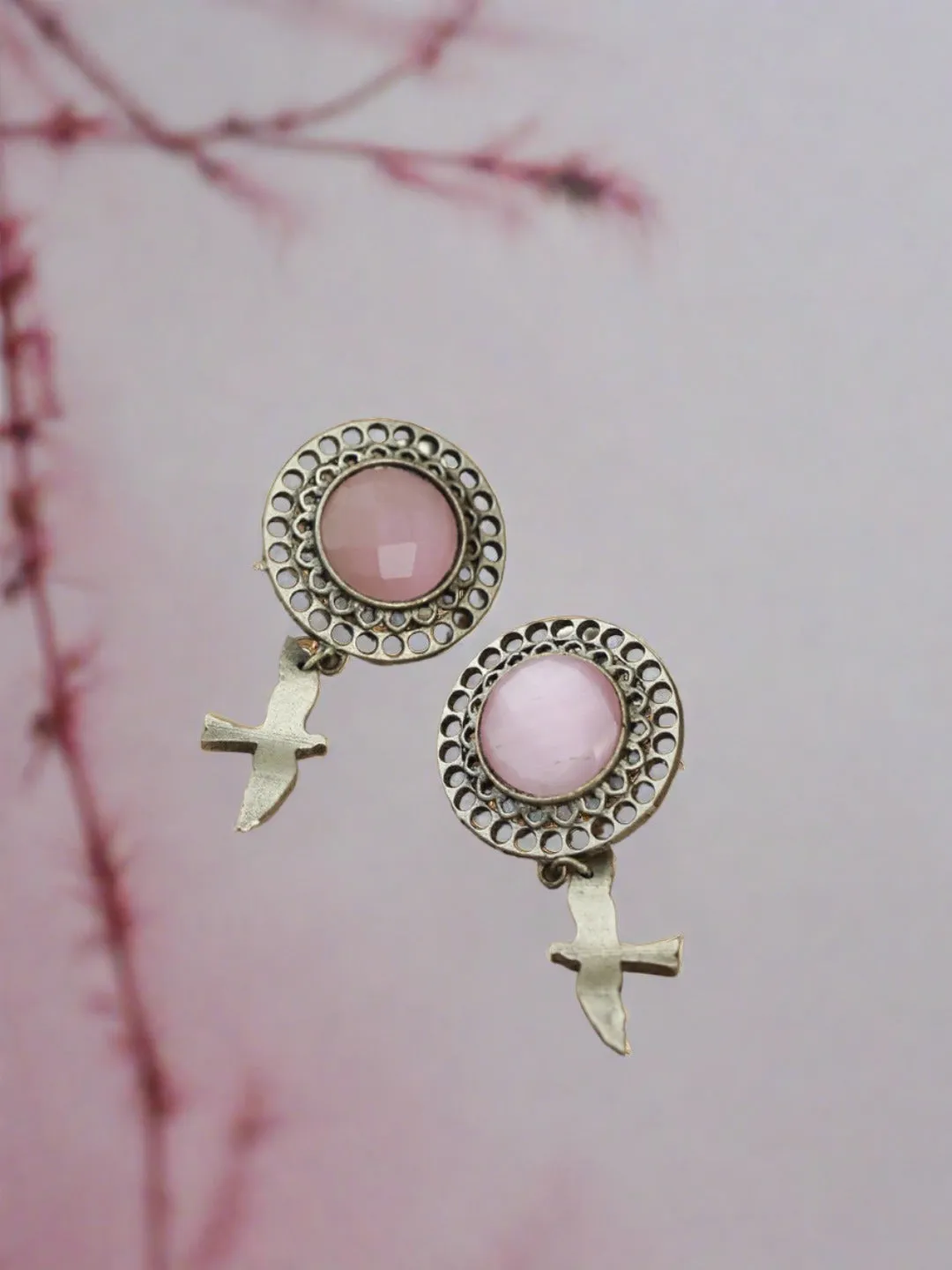 Pink Stone Studded Silver Toned Drop Earrings