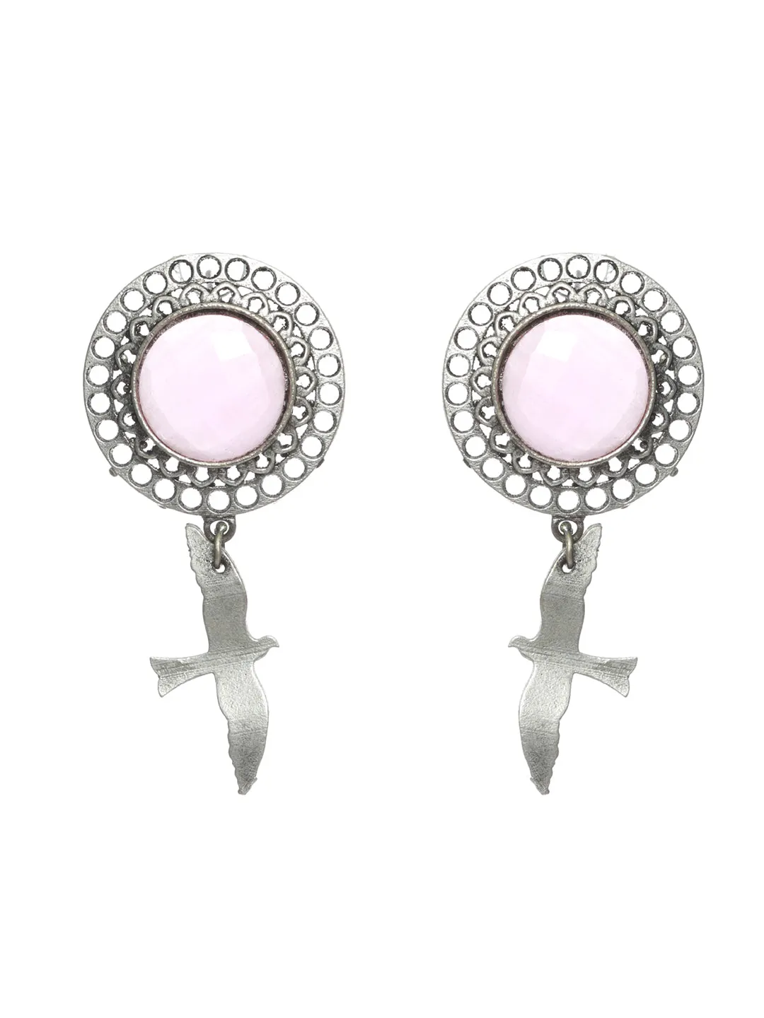 Pink Stone Studded Silver Toned Drop Earrings