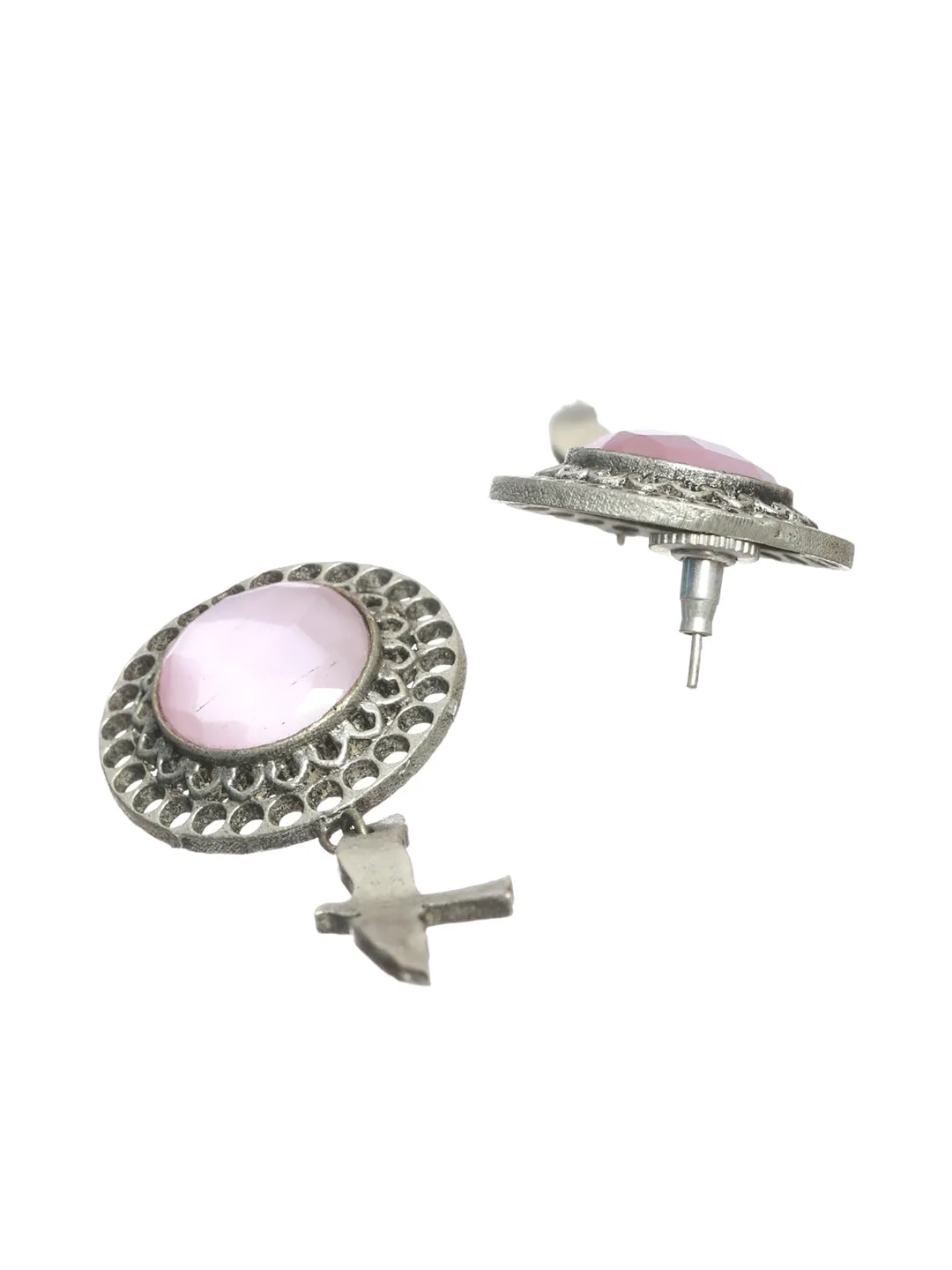 Pink Stone Studded Silver Toned Drop Earrings