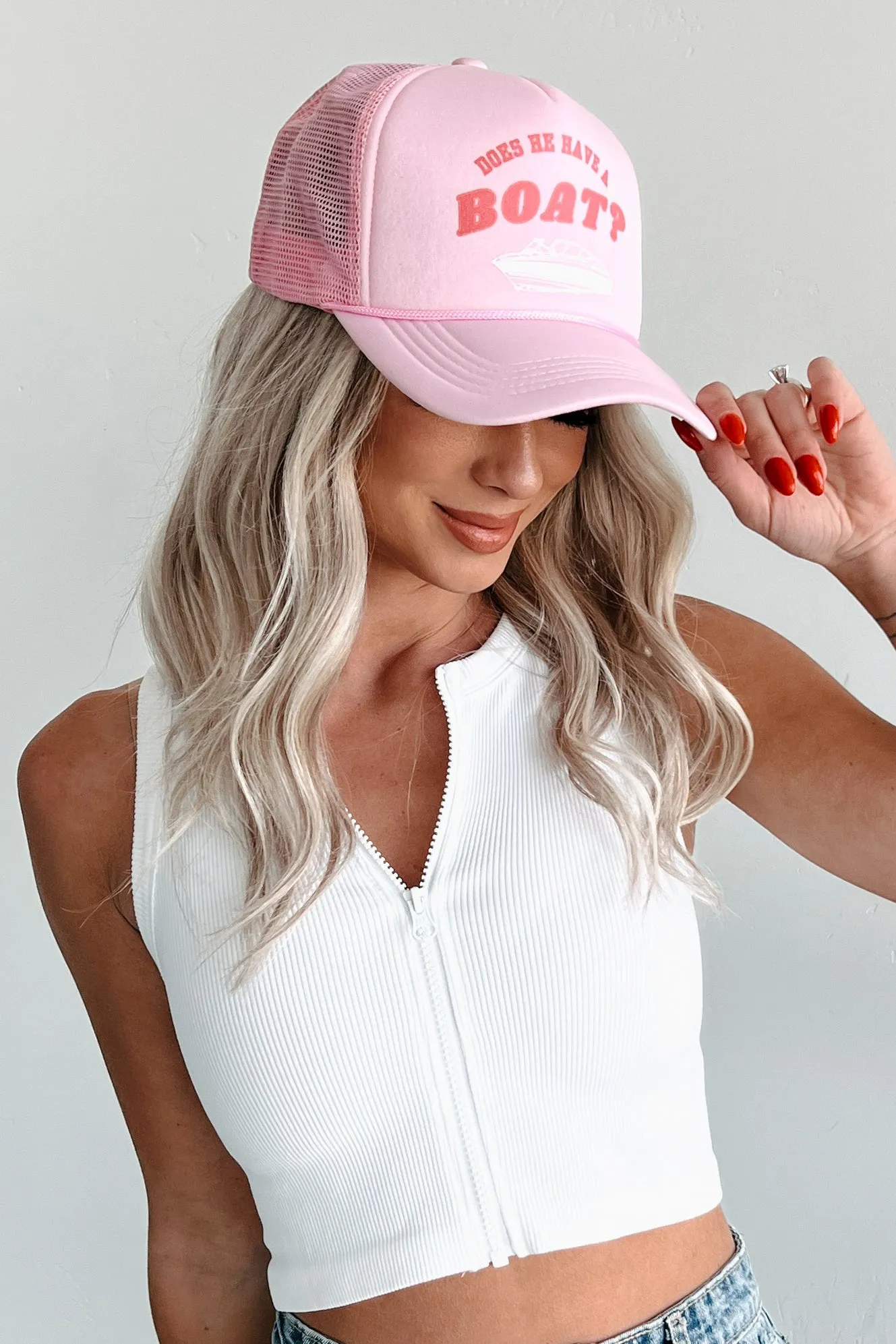 "Does He Have A Boat" Trucker Hat (Light Pink)