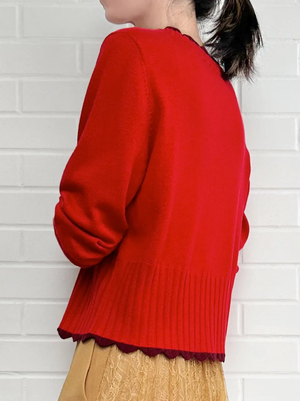 Red Contrast Scallop Trim Cashmere & Wool Cropped Cardigan