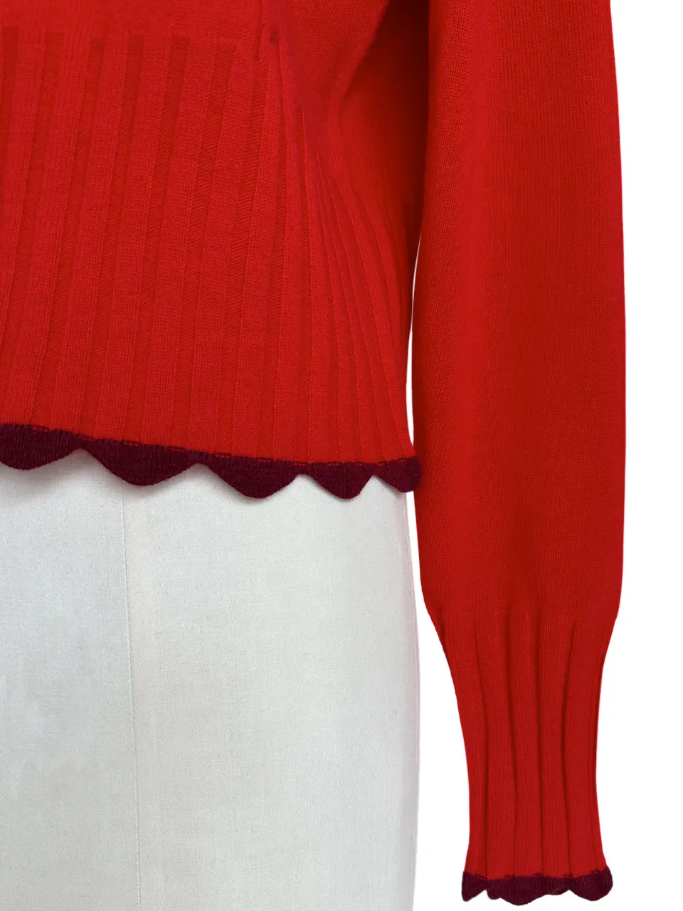 Red Contrast Scallop Trim Cashmere & Wool Cropped Cardigan