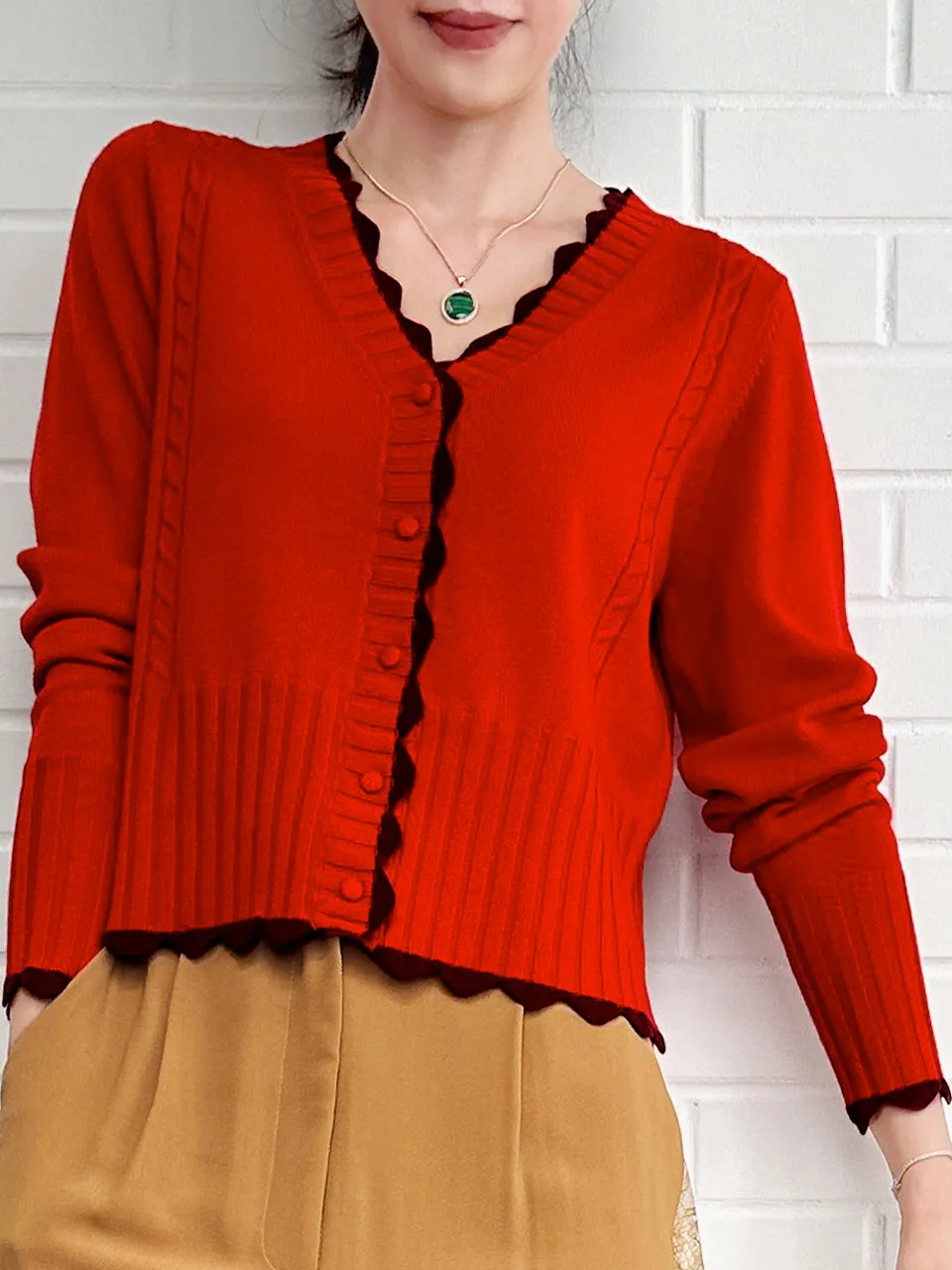 Red Contrast Scallop Trim Cashmere & Wool Cropped Cardigan