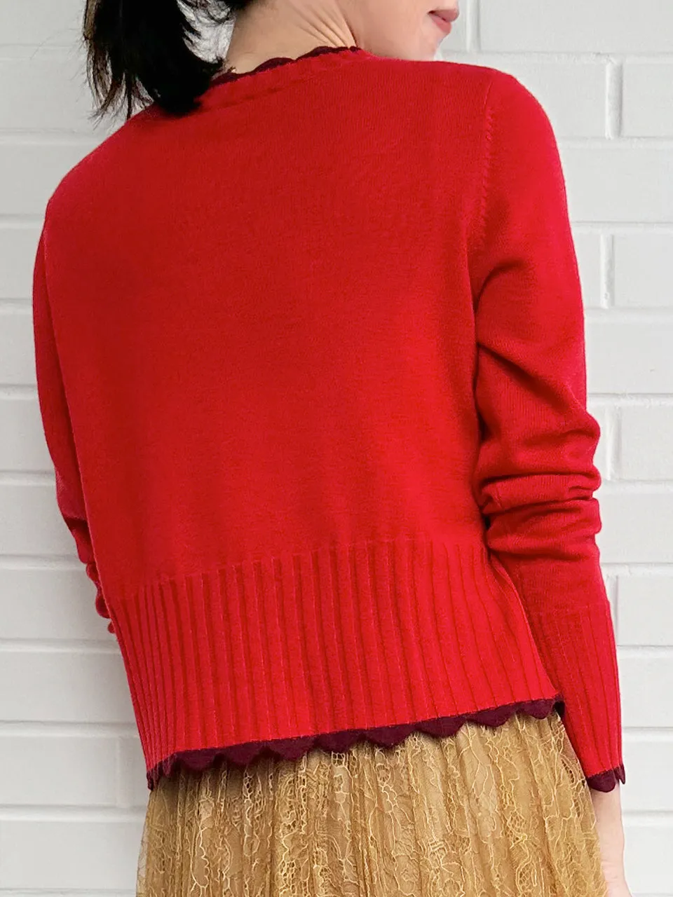 Red Contrast Scallop Trim Cashmere & Wool Cropped Cardigan