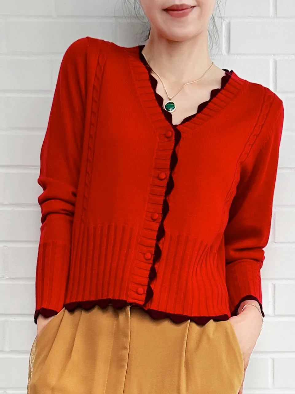 Red Contrast Scallop Trim Cashmere & Wool Cropped Cardigan