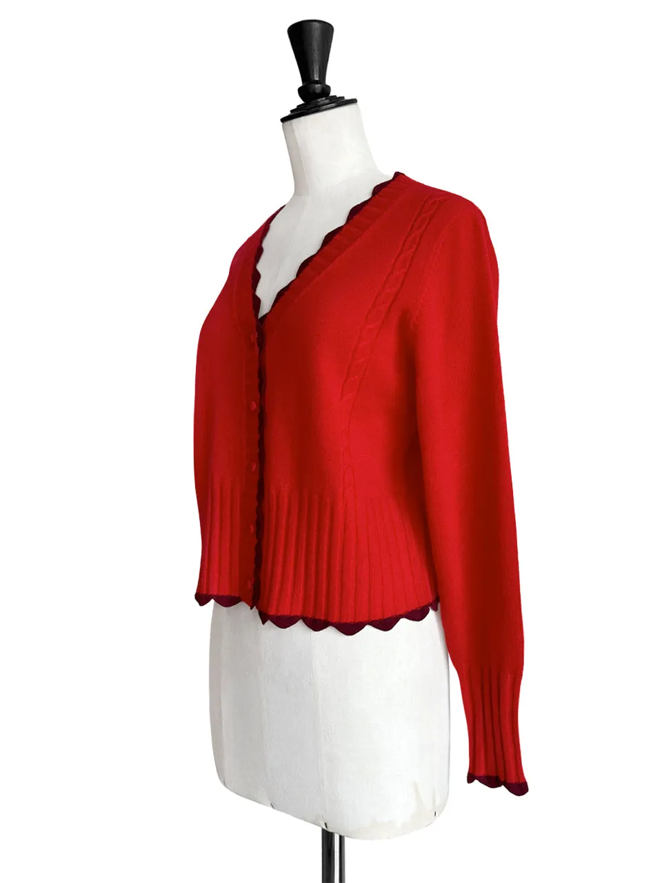 Red Contrast Scallop Trim Cashmere & Wool Cropped Cardigan