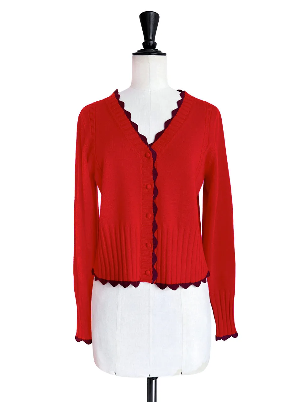 Red Contrast Scallop Trim Cashmere & Wool Cropped Cardigan