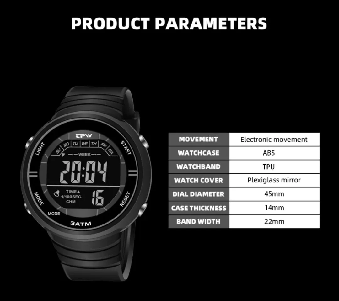 Shock Resistant Digital LED Outdoor Sports Watch (Water Resistant)