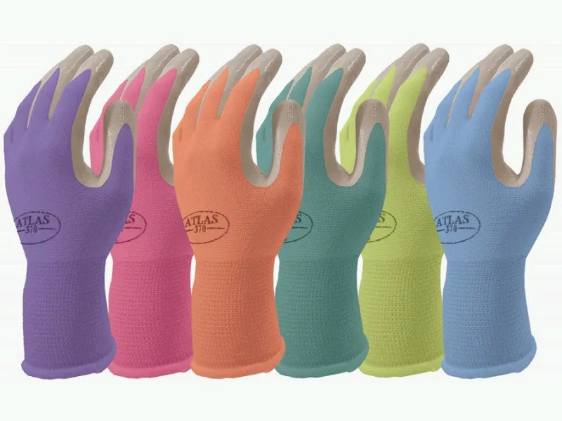 TATL370NT ATLAS WOMEN'S KNIT NITRILE PALM GARDENING GLOVES-MULTI COLOR 12 PACK