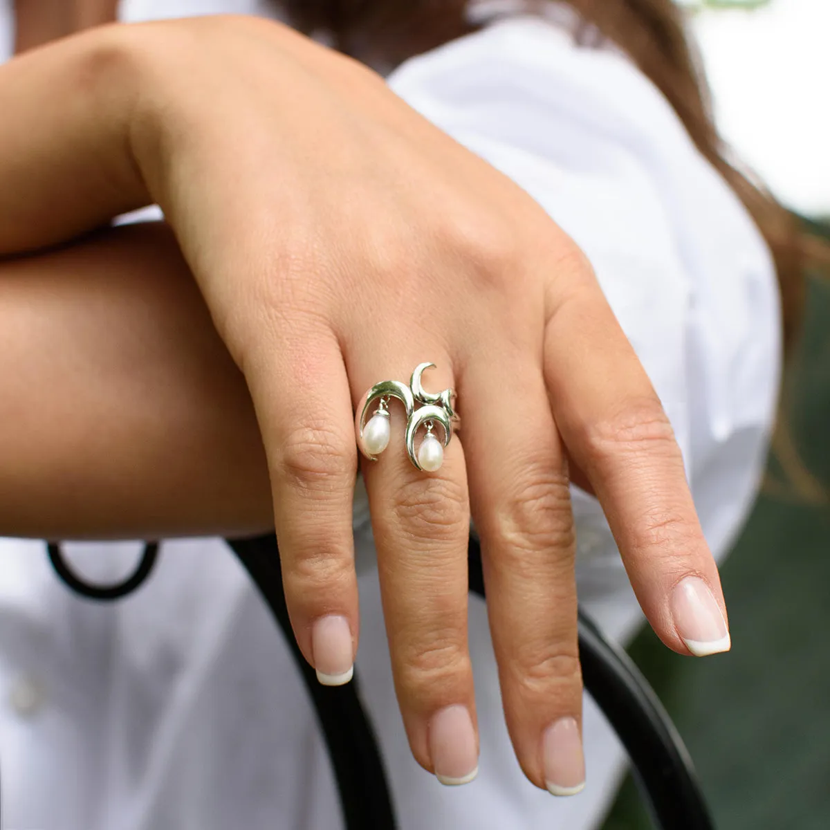 Wave Ring with White Fresh Water Pearls